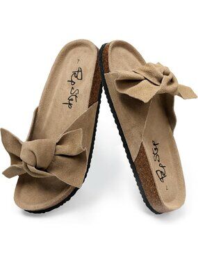 Women's Oatmeal Cute Bow Tie Knot On Top Strap Comfy Slip On Slide Dress Sandals